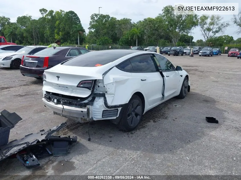 2021 Tesla Model 3 Standard Range Plus Rear-Wheel Drive VIN: 5YJ3E1EAXMF922613 Lot: 40262338