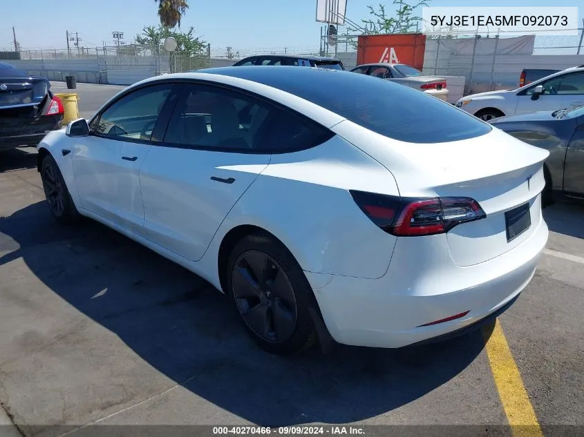 2021 Tesla Model 3 Standard Range Plus Rear-Wheel Drive VIN: 5YJ3E1EA5MF092073 Lot: 40270466