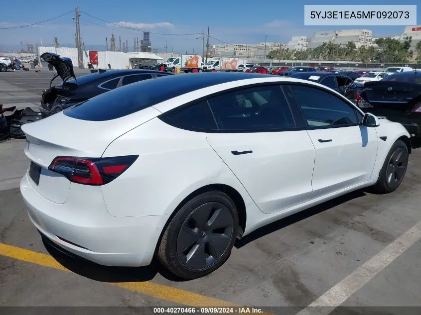 2021 Tesla Model 3 Standard Range Plus Rear-Wheel Drive VIN: 5YJ3E1EA5MF092073 Lot: 40270466