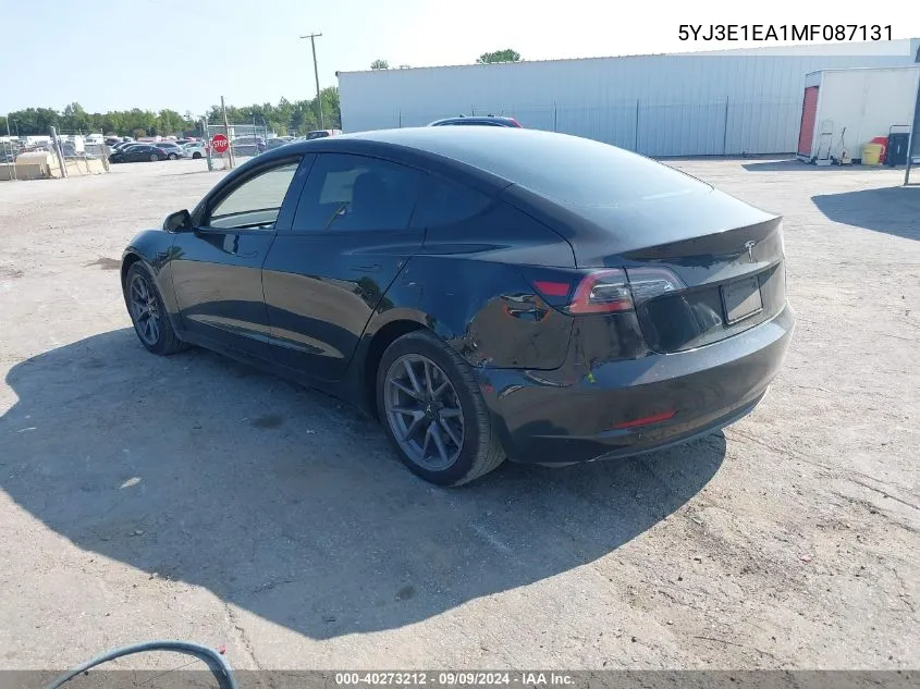 2021 Tesla Model 3 Standard Range Plus Rear-Wheel Drive VIN: 5YJ3E1EA1MF087131 Lot: 40273212