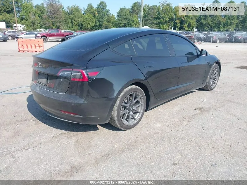 2021 Tesla Model 3 Standard Range Plus Rear-Wheel Drive VIN: 5YJ3E1EA1MF087131 Lot: 40273212