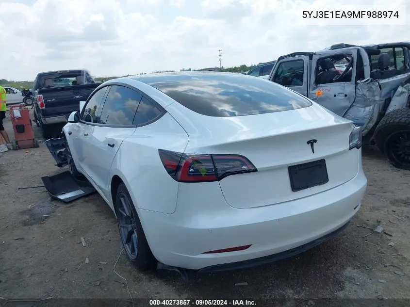 2021 Tesla Model 3 VIN: 5YJ3E1EA9MF988974 Lot: 40273857