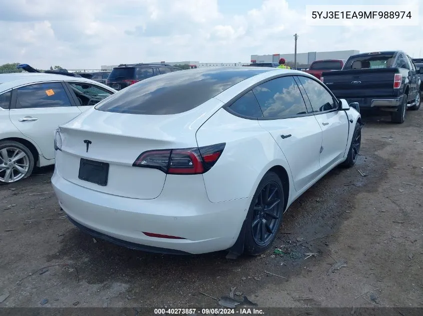 2021 Tesla Model 3 VIN: 5YJ3E1EA9MF988974 Lot: 40273857