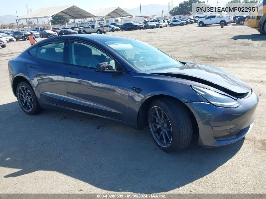 5YJ3E1EA0MF022951 2021 Tesla Model 3 Standard Range Plus Rear-Wheel Drive