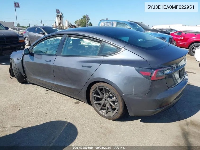 5YJ3E1EA0MF022951 2021 Tesla Model 3 Standard Range Plus Rear-Wheel Drive