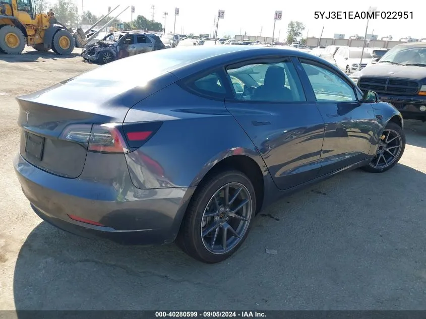 2021 Tesla Model 3 Standard Range Plus Rear-Wheel Drive VIN: 5YJ3E1EA0MF022951 Lot: 40280599