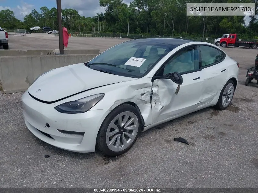 2021 Tesla Model 3 Standard Range Plus Rear-Wheel Drive VIN: 5YJ3E1EA8MF921783 Lot: 40290194