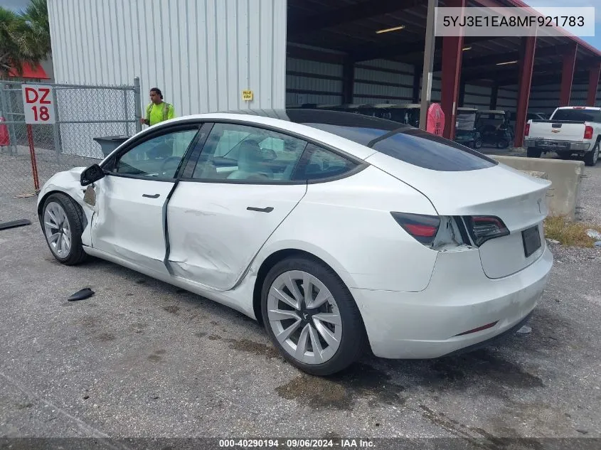 2021 Tesla Model 3 Standard Range Plus Rear-Wheel Drive VIN: 5YJ3E1EA8MF921783 Lot: 40290194