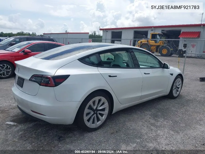 2021 Tesla Model 3 Standard Range Plus Rear-Wheel Drive VIN: 5YJ3E1EA8MF921783 Lot: 40290194