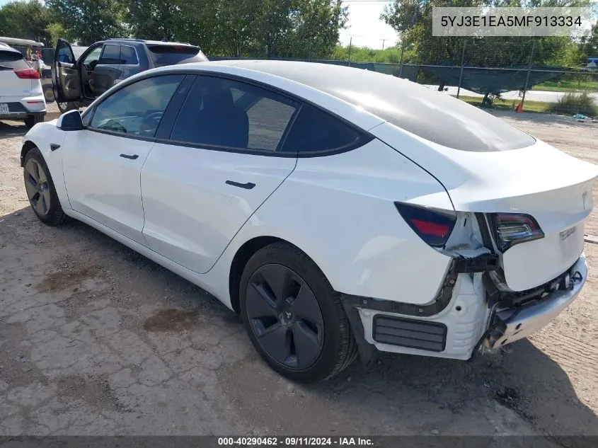 2021 Tesla Model 3 Standard Range Plus Rear-Wheel Drive VIN: 5YJ3E1EA5MF913334 Lot: 40290462