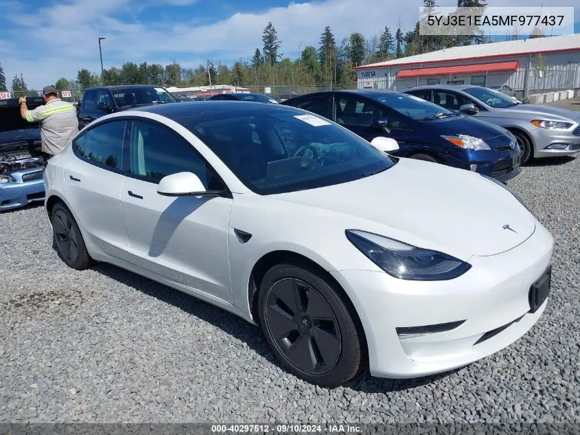 2021 Tesla Model 3 Standard Range Plus Rear-Wheel Drive VIN: 5YJ3E1EA5MF977437 Lot: 40297512