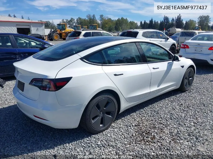 2021 Tesla Model 3 Standard Range Plus Rear-Wheel Drive VIN: 5YJ3E1EA5MF977437 Lot: 40297512