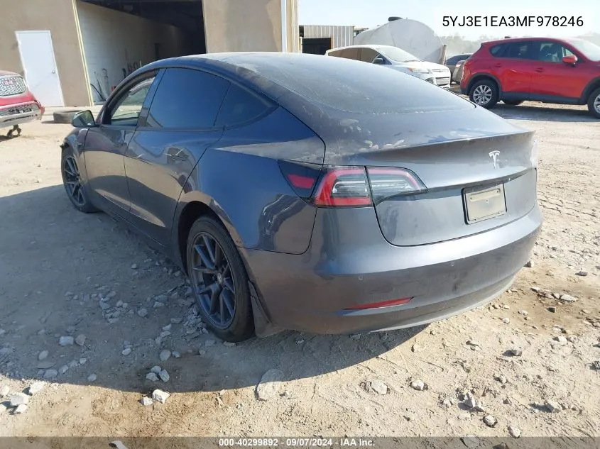 2021 Tesla Model 3 VIN: 5YJ3E1EA3MF978246 Lot: 40299892