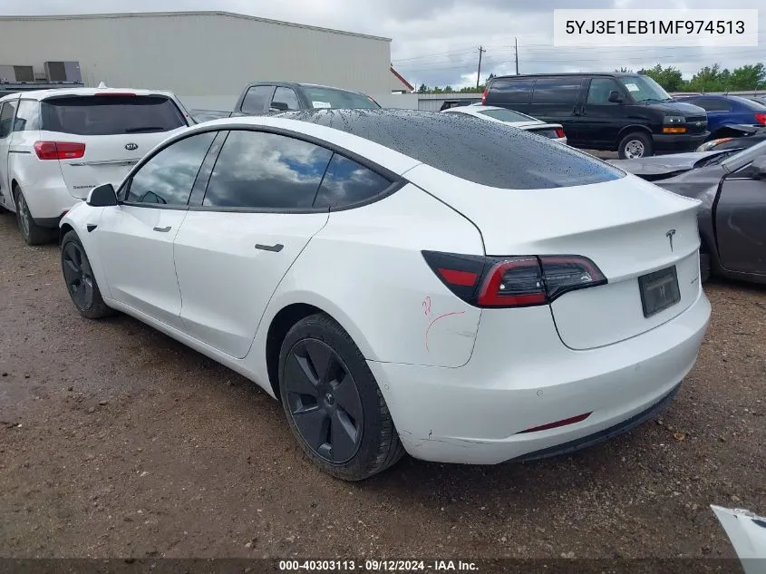 2021 Tesla Model 3 VIN: 5YJ3E1EB1MF974513 Lot: 40303113