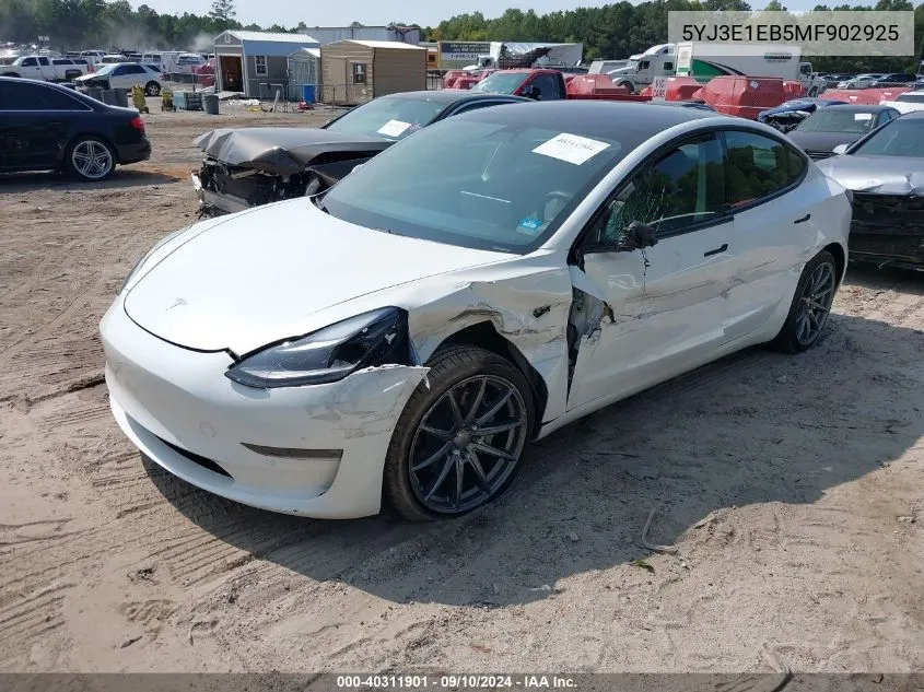 2021 Tesla Model 3 Long Range Dual Motor All-Wheel Drive VIN: 5YJ3E1EB5MF902925 Lot: 40311901