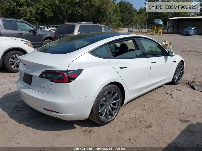 2021 Tesla Model 3 Long Range Dual Motor All-Wheel Drive VIN: 5YJ3E1EB5MF902925 Lot: 40311901