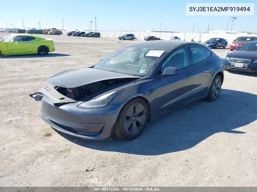 2021 Tesla Model 3 Standard Range Plus Rear-Wheel Drive VIN: 5YJ3E1EA2MF919494 Lot: 40312204