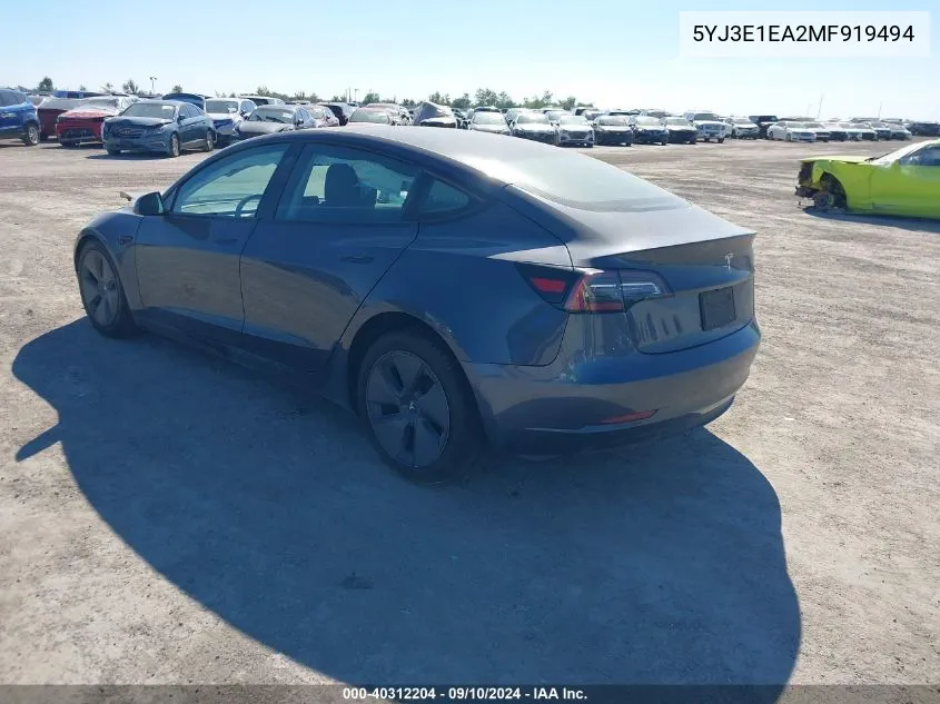 2021 Tesla Model 3 Standard Range Plus Rear-Wheel Drive VIN: 5YJ3E1EA2MF919494 Lot: 40312204