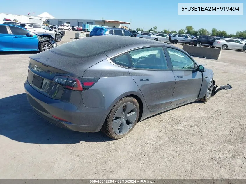 2021 Tesla Model 3 Standard Range Plus Rear-Wheel Drive VIN: 5YJ3E1EA2MF919494 Lot: 40312204