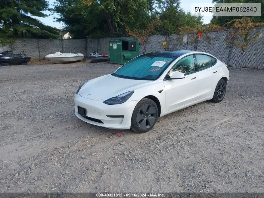 2021 Tesla Model 3 Standard Range Plus Rear-Wheel Drive VIN: 5YJ3E1EA4MF062840 Lot: 40321812