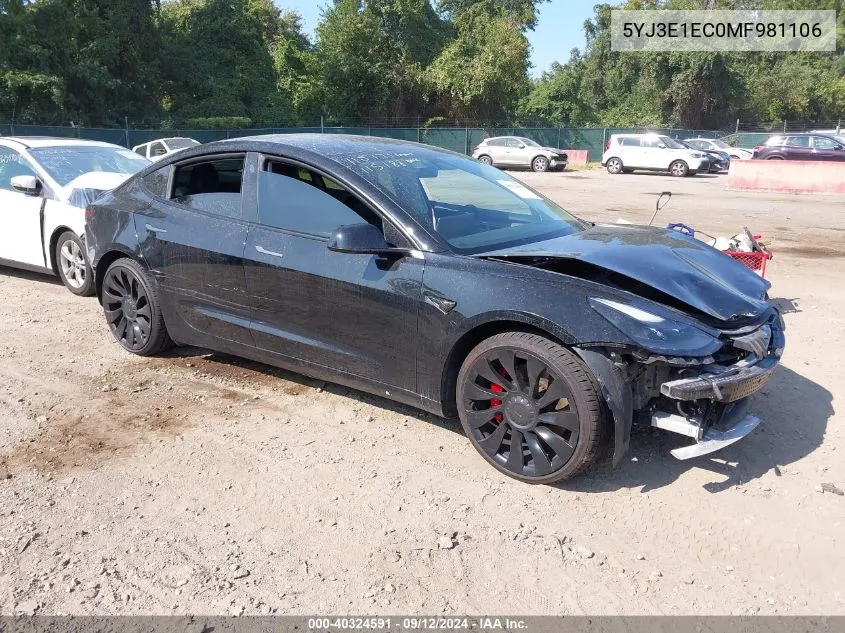 2021 Tesla Model 3 Performance Dual Motor All-Wheel Drive VIN: 5YJ3E1EC0MF981106 Lot: 40324591