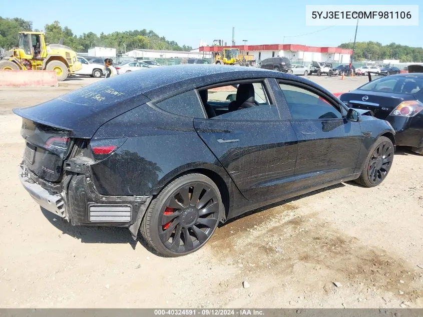 2021 Tesla Model 3 Performance Dual Motor All-Wheel Drive VIN: 5YJ3E1EC0MF981106 Lot: 40324591