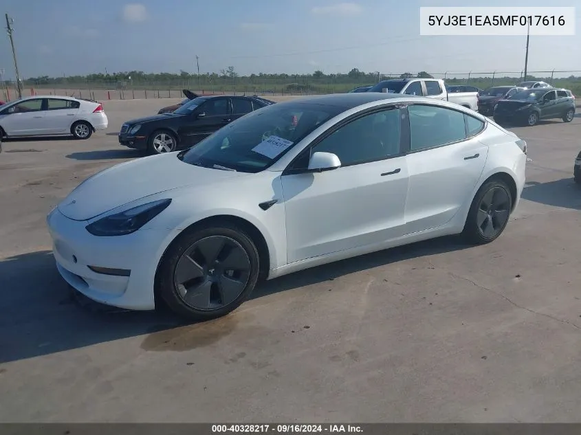 2021 Tesla Model 3 VIN: 5YJ3E1EA5MF017616 Lot: 40328217