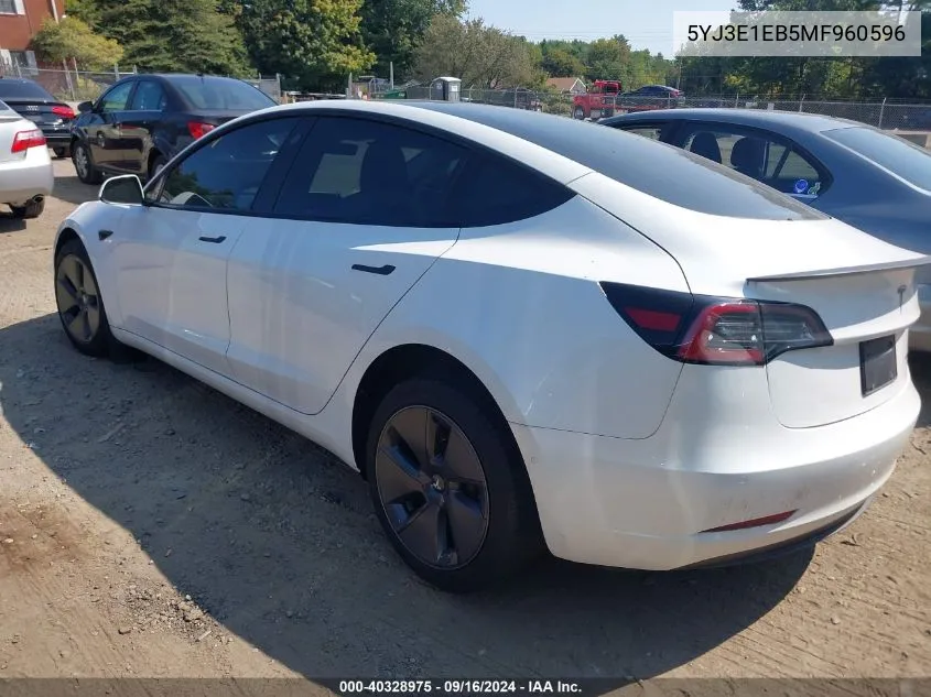 2021 Tesla Model 3 Long Range Dual Motor All-Wheel Drive VIN: 5YJ3E1EB5MF960596 Lot: 40328975