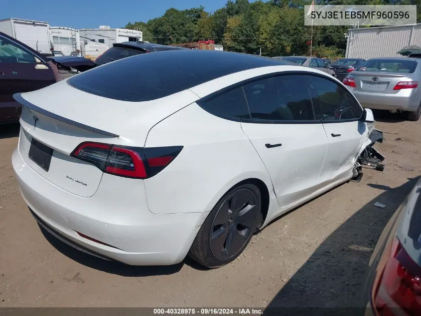 2021 Tesla Model 3 Long Range Dual Motor All-Wheel Drive VIN: 5YJ3E1EB5MF960596 Lot: 40328975