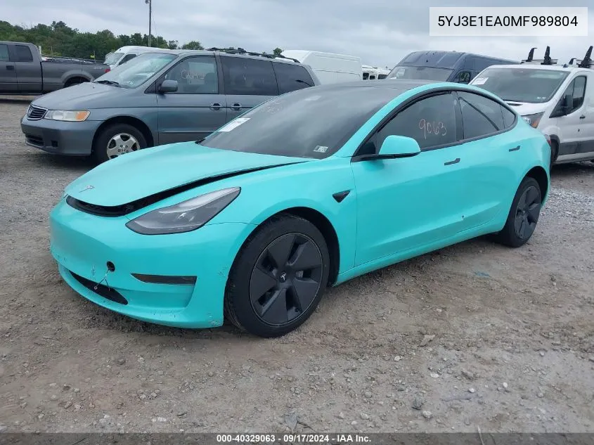 2021 Tesla Model 3 Standard Range Plus Rear-Wheel Drive VIN: 5YJ3E1EA0MF989804 Lot: 40329063