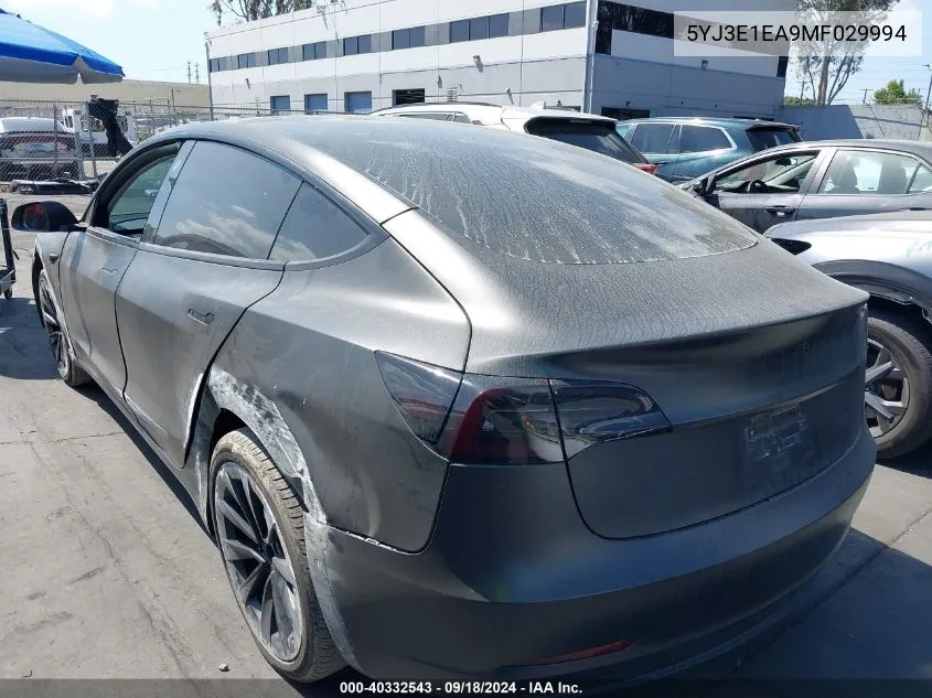 2021 Tesla Model 3 Standard Range Plus Rear-Wheel Drive VIN: 5YJ3E1EA9MF029994 Lot: 40332543