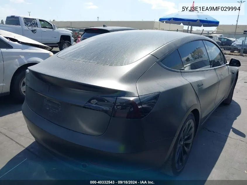 2021 Tesla Model 3 Standard Range Plus Rear-Wheel Drive VIN: 5YJ3E1EA9MF029994 Lot: 40332543