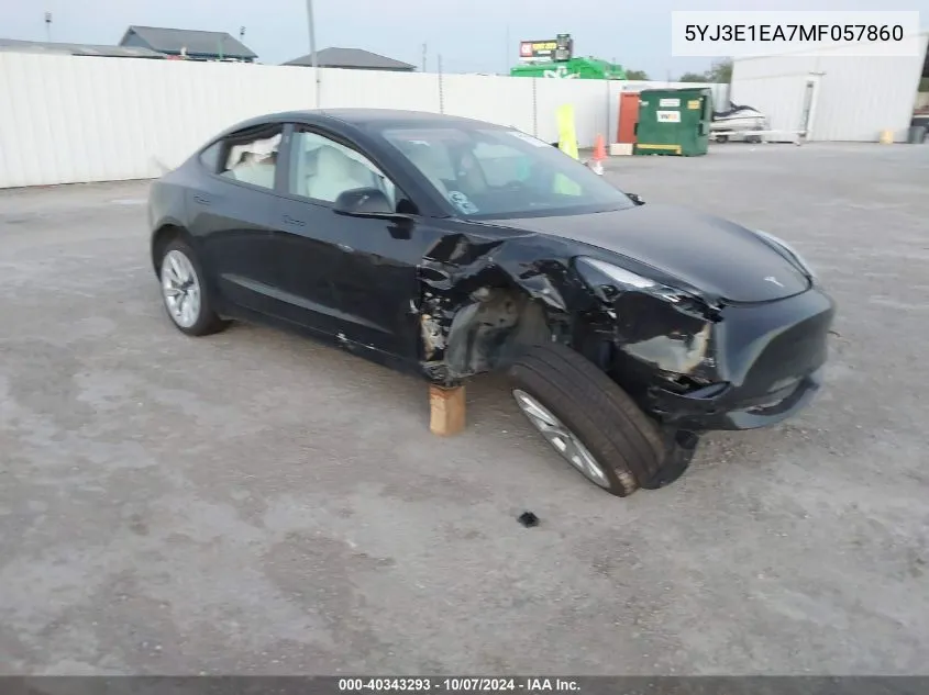 2021 Tesla Model 3 VIN: 5YJ3E1EA7MF057860 Lot: 40343293