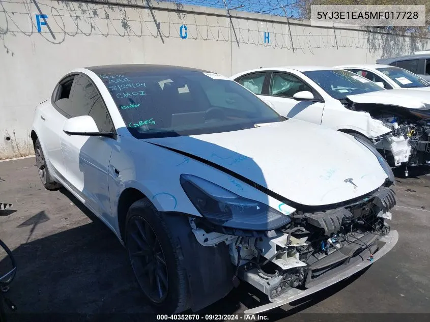 2021 Tesla Model 3 Standard Range Plus Rear-Wheel Drive VIN: 5YJ3E1EA5MF017728 Lot: 40352670