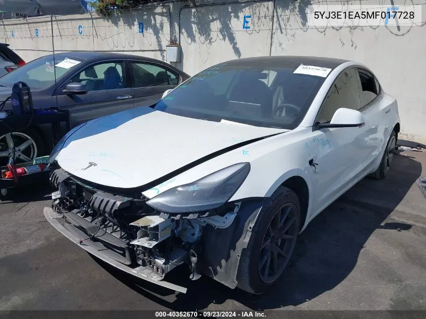 2021 Tesla Model 3 Standard Range Plus Rear-Wheel Drive VIN: 5YJ3E1EA5MF017728 Lot: 40352670