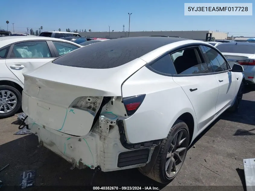 2021 Tesla Model 3 Standard Range Plus Rear-Wheel Drive VIN: 5YJ3E1EA5MF017728 Lot: 40352670