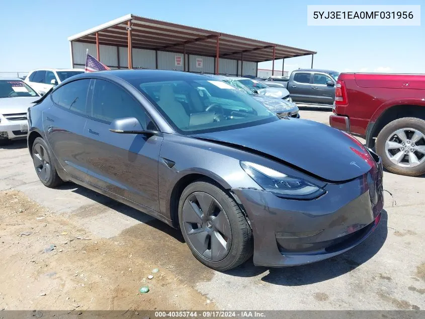 2021 Tesla Model 3 Standard Range Plus Rear-Wheel Drive VIN: 5YJ3E1EA0MF031956 Lot: 40353744