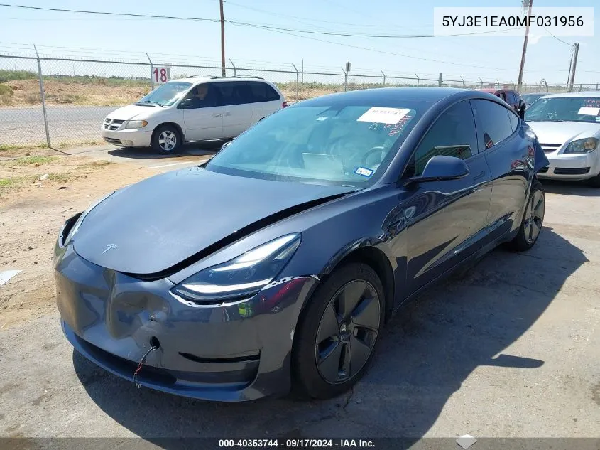 2021 Tesla Model 3 Standard Range Plus Rear-Wheel Drive VIN: 5YJ3E1EA0MF031956 Lot: 40353744