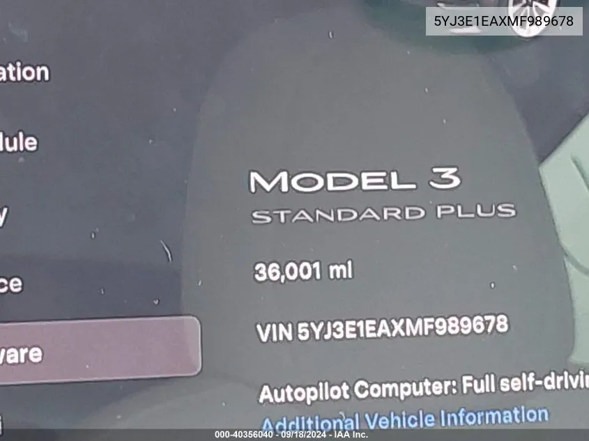 2021 Tesla Model 3 VIN: 5YJ3E1EAXMF989678 Lot: 40356040