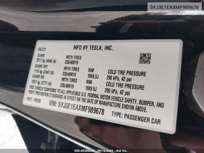 5YJ3E1EAXMF989678 2021 Tesla Model 3