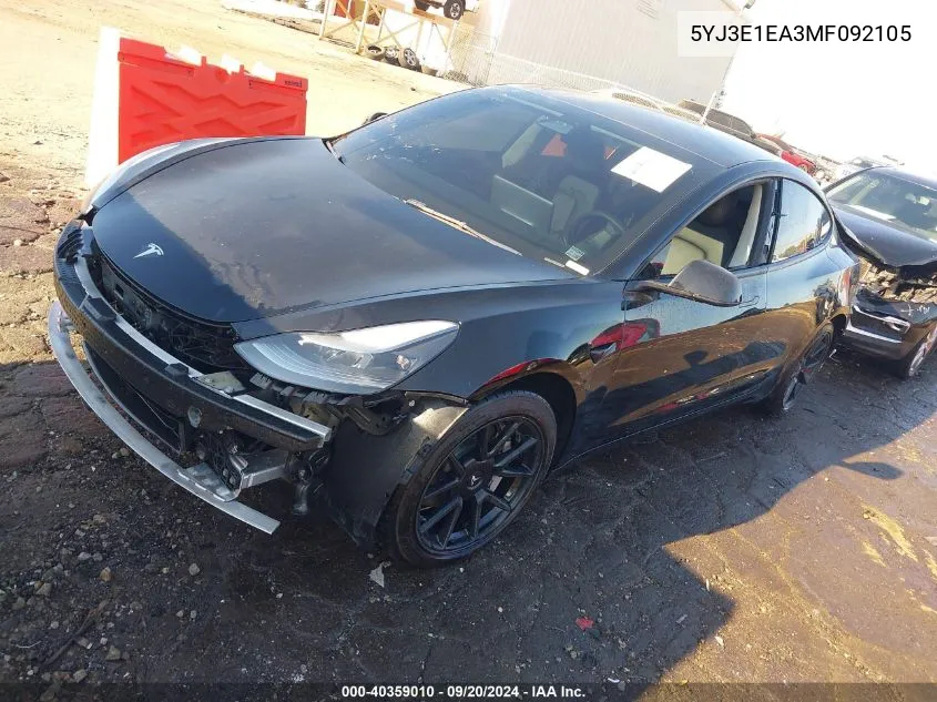 2021 Tesla Model 3 Standard Range Plus Rear-Wheel Drive VIN: 5YJ3E1EA3MF092105 Lot: 40359010