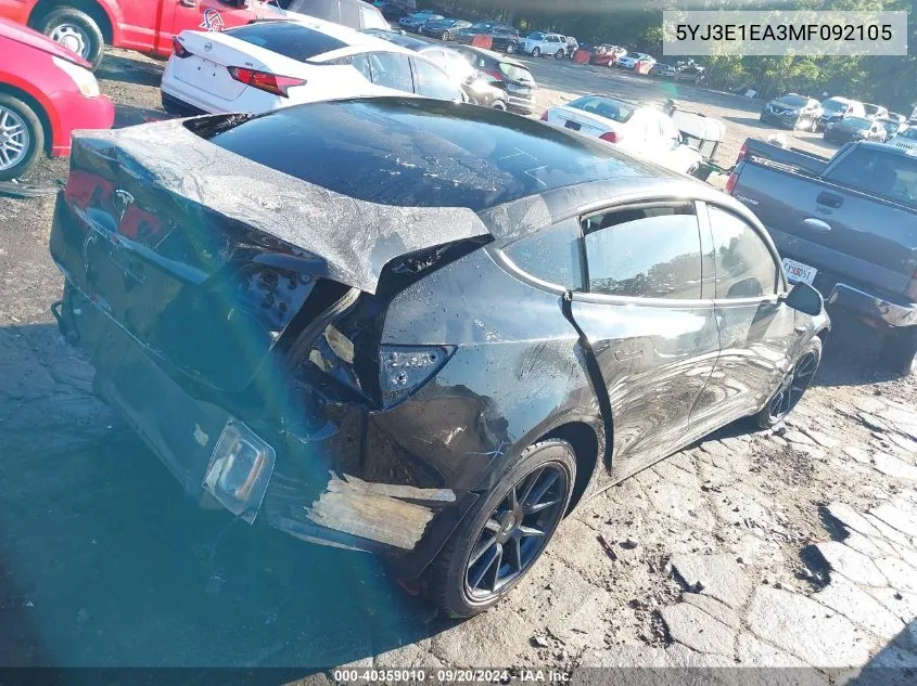 2021 Tesla Model 3 Standard Range Plus Rear-Wheel Drive VIN: 5YJ3E1EA3MF092105 Lot: 40359010