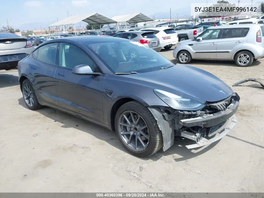 2021 Tesla Model 3 Standard Range Plus Rear-Wheel Drive VIN: 5YJ3E1EA4MF996142 Lot: 40360396