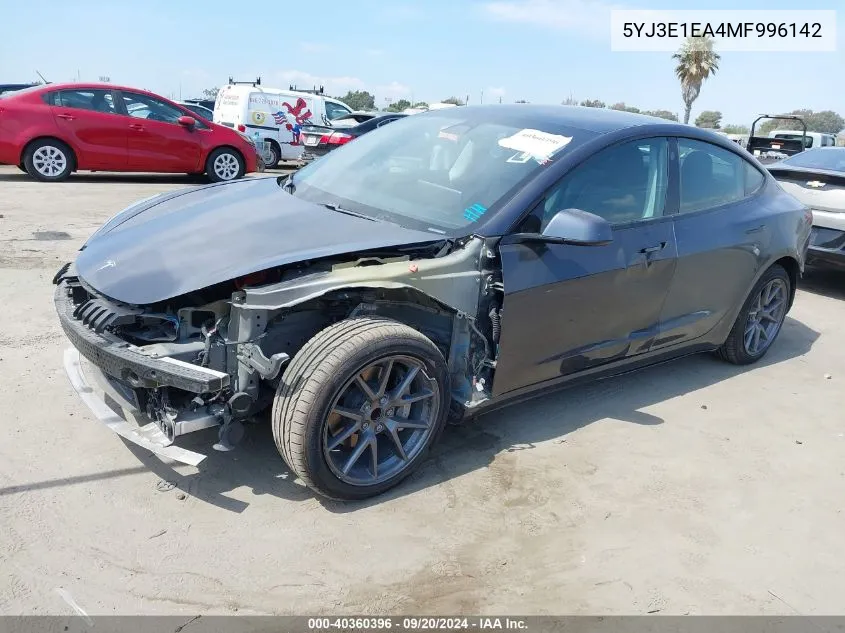 2021 Tesla Model 3 Standard Range Plus Rear-Wheel Drive VIN: 5YJ3E1EA4MF996142 Lot: 40360396