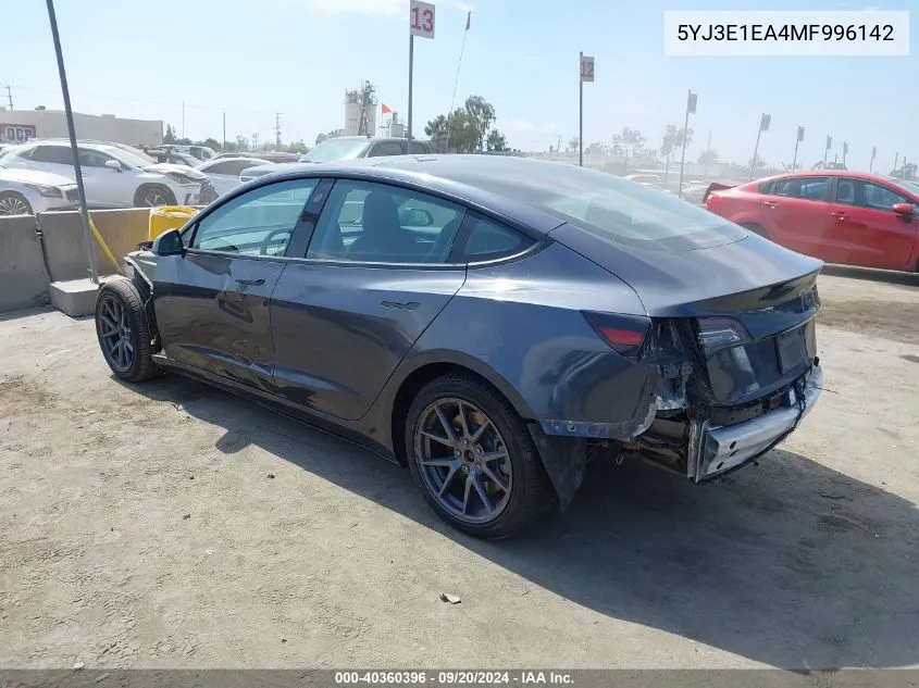 2021 Tesla Model 3 Standard Range Plus Rear-Wheel Drive VIN: 5YJ3E1EA4MF996142 Lot: 40360396