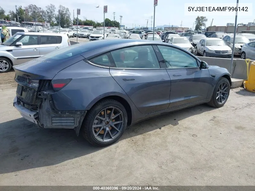 2021 Tesla Model 3 Standard Range Plus Rear-Wheel Drive VIN: 5YJ3E1EA4MF996142 Lot: 40360396