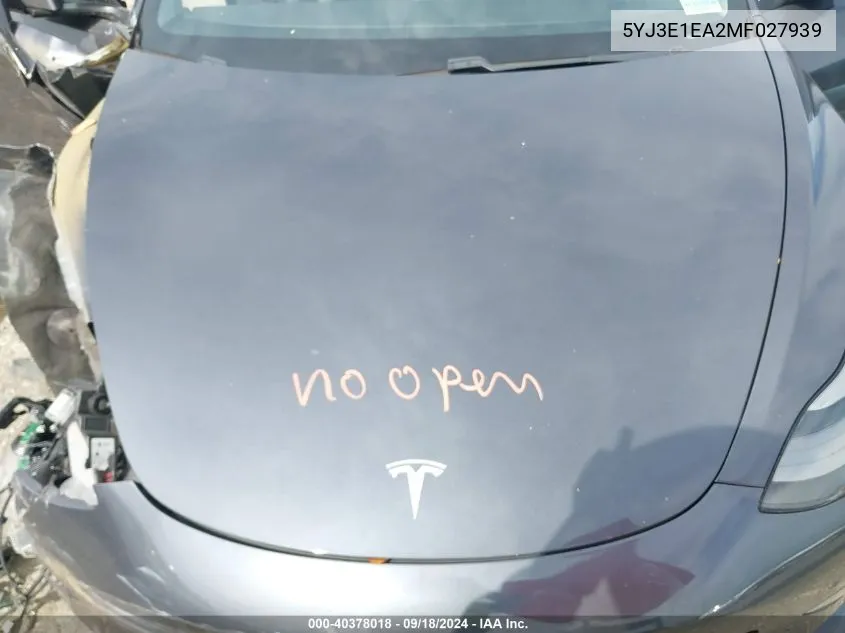 2021 Tesla Model 3 Standard Range Plus Rear-Wheel Drive VIN: 5YJ3E1EA2MF027939 Lot: 40378018