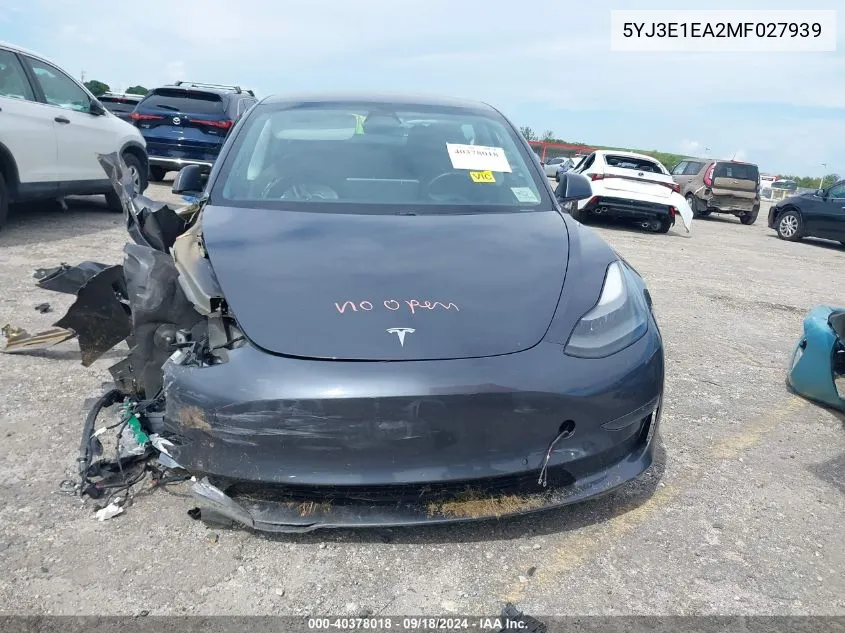 2021 Tesla Model 3 Standard Range Plus Rear-Wheel Drive VIN: 5YJ3E1EA2MF027939 Lot: 40378018