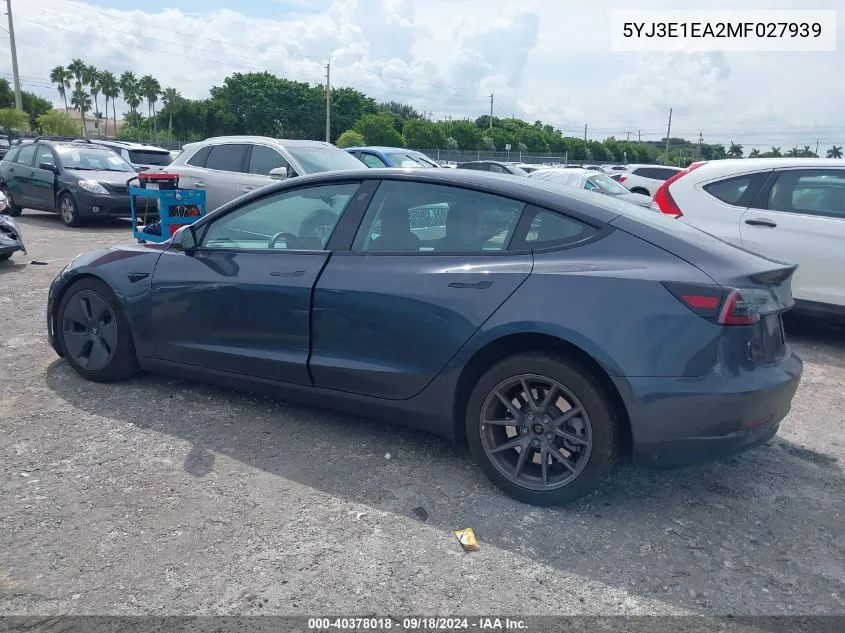 2021 Tesla Model 3 Standard Range Plus Rear-Wheel Drive VIN: 5YJ3E1EA2MF027939 Lot: 40378018