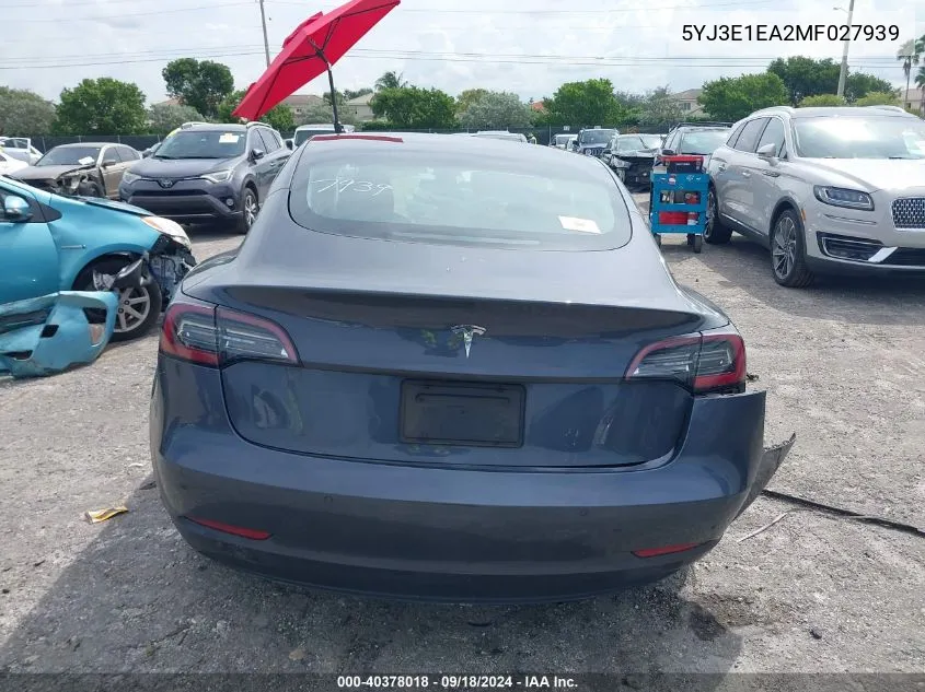 2021 Tesla Model 3 Standard Range Plus Rear-Wheel Drive VIN: 5YJ3E1EA2MF027939 Lot: 40378018